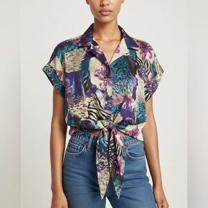 Vtg Connections Vibrant Animal Print Crop Tie Front Button Up Muscle Tee, Size M